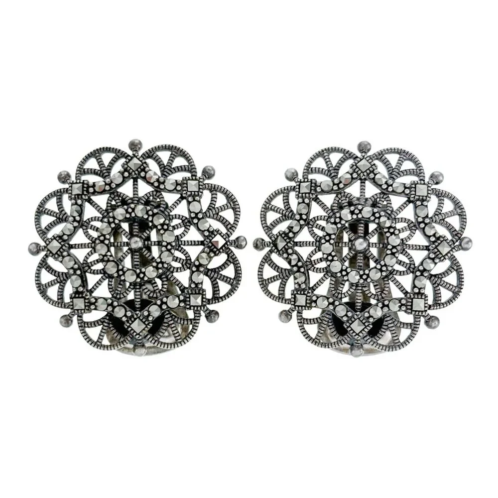 Vintage Sterling Silver 925 Marcasite Clip-On Earrings